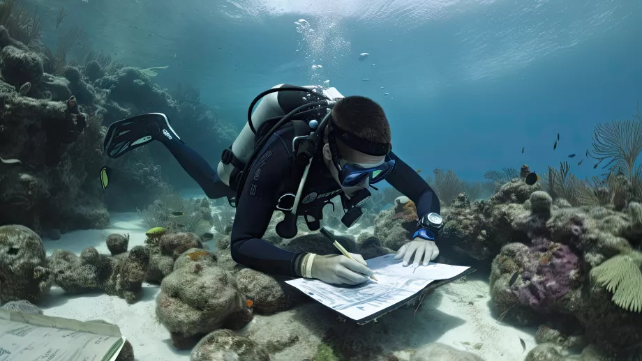 Marine biologist in scuba suit in water